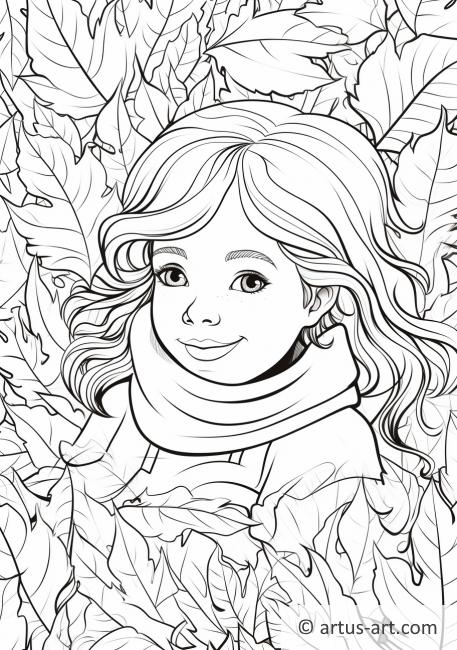 Girl Playing in a Heap of Leaves Coloring Page